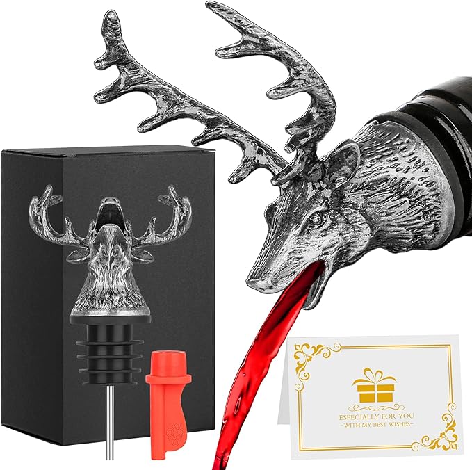 Deer Head Liquor Pourers Spout, Deer Wine Bottle Pourer and Stopper for Wine Spirits, Stag Gifts Birthday Gifts Hunting Gifts for Hunters Men Women, Silver