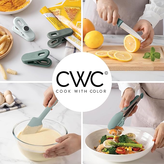 COOK WITH COLOR Bamboo Kitchen Utensil Set with Drawer Organizer | Cooking Tools and Storage Caddy, Sage, 18 Piece Gadget Set