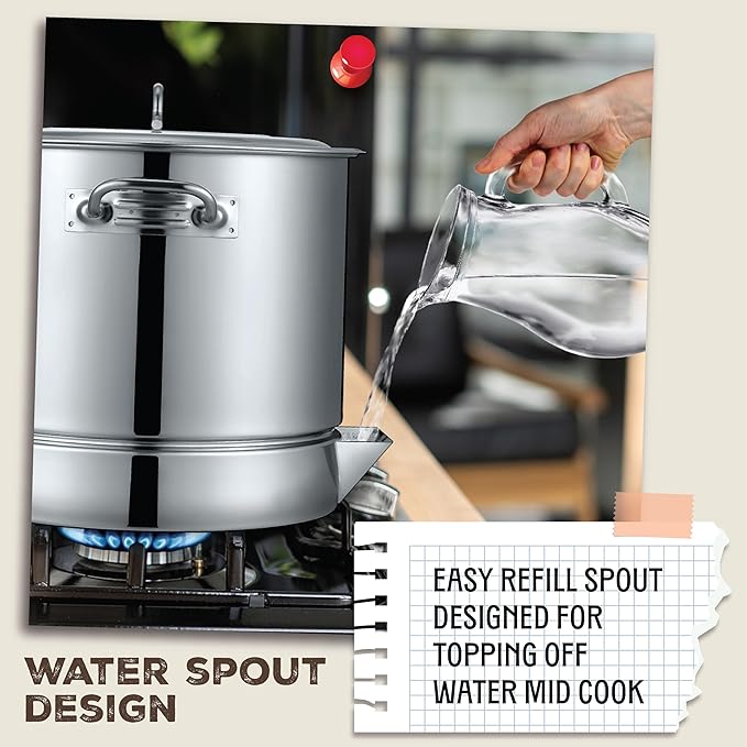 Concord Stainless Steel Tamales Steamer Pot. Mi Abuela Series with Exterior Water Refill Spout, Divider, and Removable Steamer Rack (30 Quart)