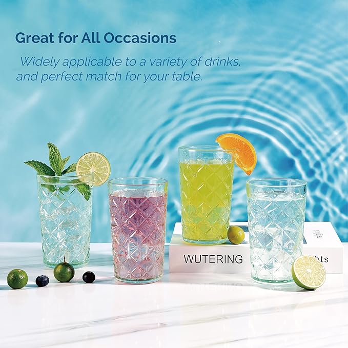 CREATIVELAND Drinking Highball Glasses Set of 4, Vintage Cross Hatch Glass Cups, 15.5oz Tall Drinking Water Glasses, Dishwasher Safe Green Glass Tumbler Glassware for Water, Juice, Cocktail, Coffee