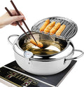Kerilyn Deep Fryer Pot, 9.4 Inch/3.4 L Janpanese Style Tempura Frying Pot with Lid, 304 Stainless Steel with Temperature Control and Oil Drip Drainer Rack, for Kitchen French Fries, Chicken etc