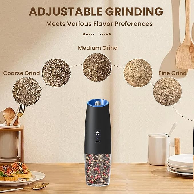 Rechargeable Electric Salt And Pepper Grinder Set, Automatic Gravity Electric Salt And Pepper Grinder Set, Adjustable Roughness, Led Light, 1 Pack, (Black)