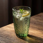 Vintage Green Drinking Glasses Set of 8, 12 oz Hand-Pressed Green Glass Tumblers, Deep Fern Embossed Antique Colored Glassware, Boho Style Textured Highball Cups, Retro Drinkware Gift Set for Home Bar