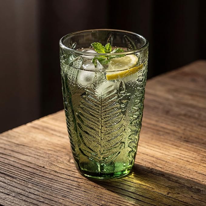 Vintage Green Drinking Glasses Set of 8, 12 oz Hand-Pressed Green Glass Tumblers, Deep Fern Embossed Antique Colored Glassware, Boho Style Textured Highball Cups, Retro Drinkware Gift Set for Home Bar