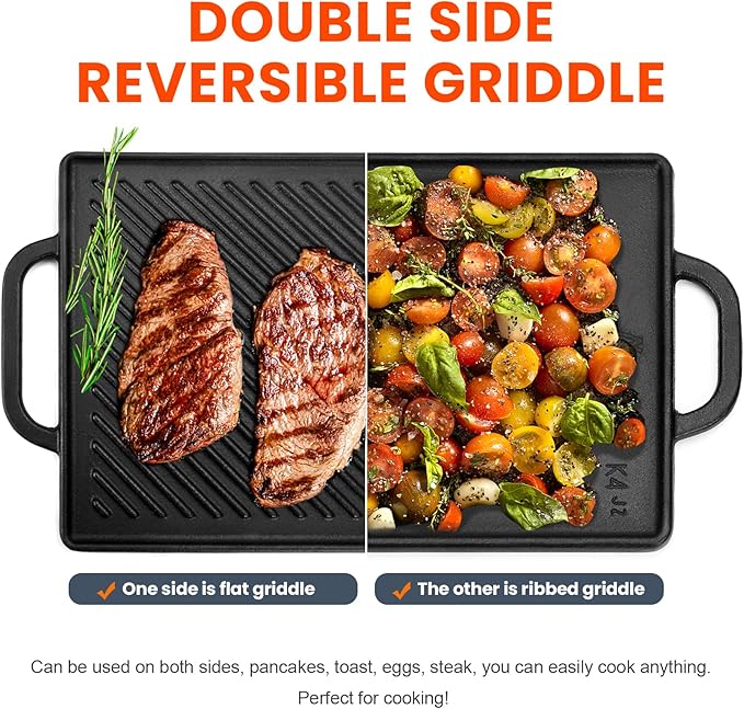 GGC Cast Iron Reversible Grill Griddle for Stove Top, Flat Griddle for Gas Grills, Flat and Ribbed Double-Side to Use, Non-Stick Griddle Plate Top Outdoor Cooking (20" x 9")