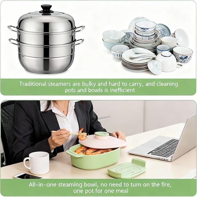 44oz Microwave-Safe Silicone Steamer Bowl with Handle & Lid,9.8x5.7x4in Large BPA-Free Steamer with Removable Rack, Rotating Steam Vent, Freezer & Dishwasher Safe, Ideal for Vegetables, Fish Cooking