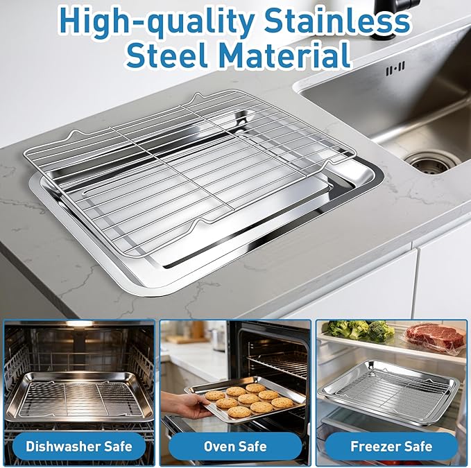 4 PCS Stainless Steel Baking Sheet Set,(2 Sheets + 2 Racks)15.7 X 11.8 Inch Baking Pan with Stainless Steel Fork,Spoon and Knife,Rust Baking Tray Pan for Kitchen Oven,Easy Clean&Durable