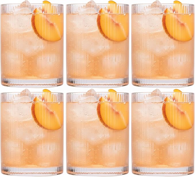 Physkoa Peach Ribbed Drinking Glasses Set of 6 – 9oz Vintage Peach Glassware, Embossed Ribbed Tumbler Cups for Juice, Water, Iced Coffee, Cocktail
