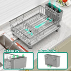 GAOKASE Dish Drying Rack, Stainless Steel-Dish Rack, Dish Racks for Kitchen Counter, Kitchen Dish Drainers with Removable Utensil Holder,New Drain Outlet,Plate Rack and Drainboard,(gray-11 W x 15" L)