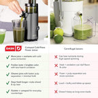 DASH Deluxe Compact Masticating Slow Juicer, Easy to Clean Cold Press Juicer with Brush, Pulp Measuring Cup, Frozen Attachment and Juice Recipe Guide - Graphite