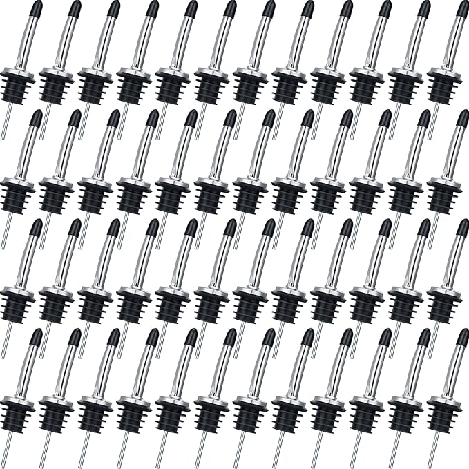 48 Pcs CHENGU Stainless Steel Bottle Pourers Tapered Liquor Pourers with Rubber Dust Caps Tapered Spouts Set Bar Supplies Vinegar Bottle Dispenser Wine Liquor Spout for Oil Beer Drink Water (Silver)