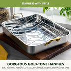 GreenPan Reserve 16" x 13" Tri-Ply Stainless Steel Roasting Pan with Roaster Rack, Multiclad Cookware, Induction Suitable, Gold Stainless Steel Handles, Dishwasher & Oven Safe, Silver