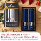 Electric Salt and Pepper Grinder Set - Battery Operated Stainless Steel Mill with Light (2 Mills) - Automatic One Handed Operation - Electronic Adjustable Shakers - Ceramic Grinders Blue