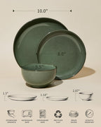 Pokini Plates and Bowls Sets for 8, 24 Piece Dinnerware Set for Large Families & Entertaining, Elegant Design, Dishwasher & Microwave Safe, Chip Resistant and Durable, Forest Green