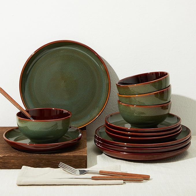 Pokini Stoneware Dinnerware Sets, Ceramic Plates and Bowls Set, Microwave & Dishwasher Safe Kitchen Dishes, Modern Dinner Salad Plates | Cereal Bowls, Dishware Sets Service for 4 Sage Green