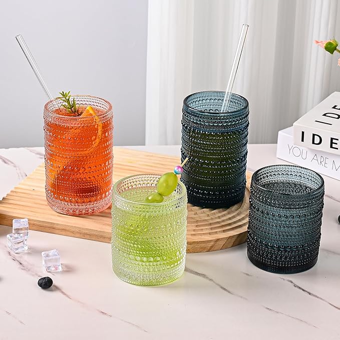 ZMOWIPDL Vintage Hobnail Drinking Glasses Set of 8,Clear 12 oz & 15oz Highball Glass Cups, Kitchen Drinkware Glassware,Embossed Water Tumbler,for Beer,Cocktail,Whiskey,Juice and Various Mixed Drinks