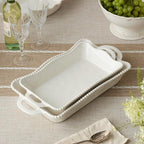 Perlette Cream Large Rectangular Ceramic Baker – 19 x 10 Inch Scalloped Oven-to-Table Stoneware Bakeware with Beaded Rim – Elegant Farmhouse Bake Dish for Lasagna, Casseroles, and Hosting