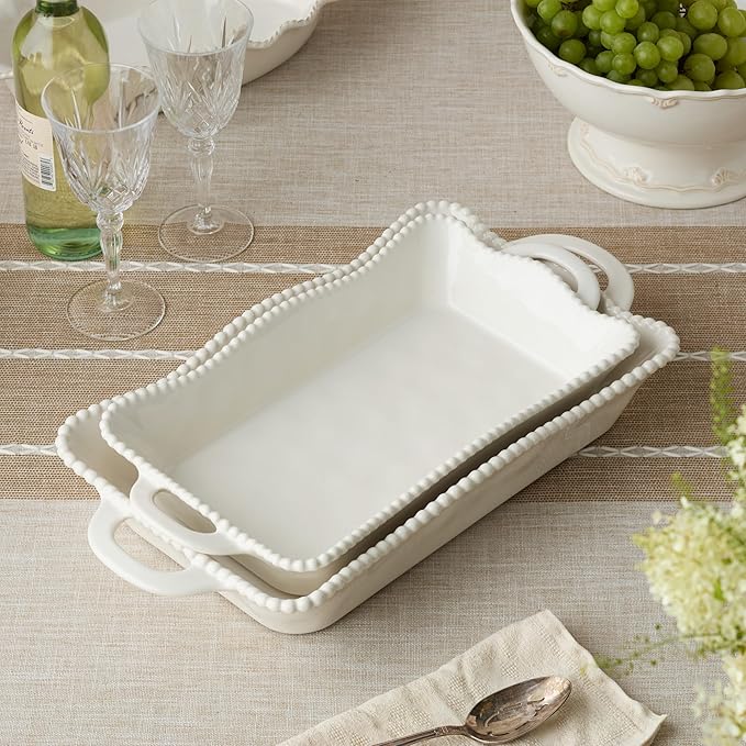 Perlette Cream Large Rectangular Ceramic Baker – 19 x 10 Inch Scalloped Oven-to-Table Stoneware Bakeware with Beaded Rim – Elegant Farmhouse Bake Dish for Lasagna, Casseroles, and Hosting