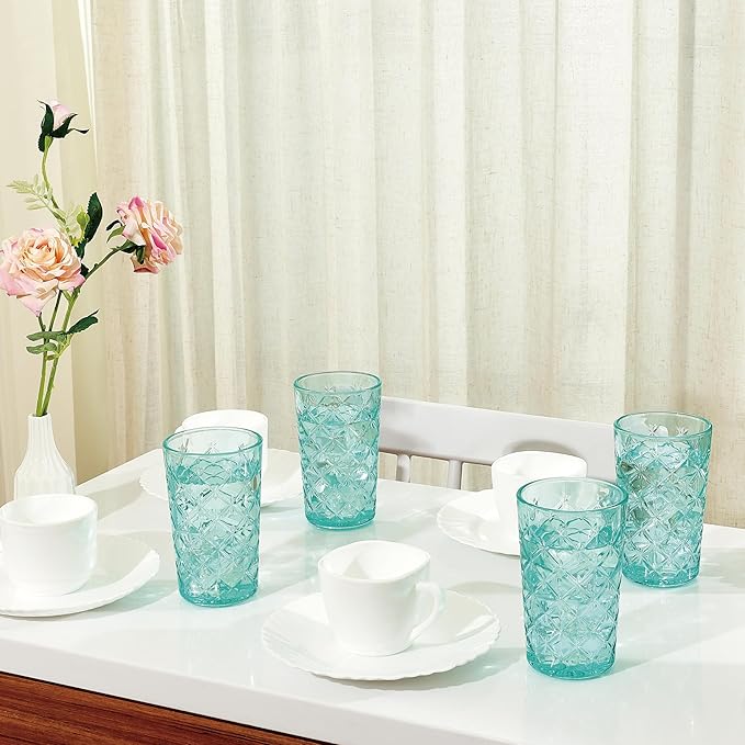CREATIVELAND Drinking Highball Glasses Set of 4, Vintage Cross Hatch Glass Cups, 15.5oz Tall Drinking Water Glasses, Dishwasher Safe Blue Glass Tumbler Glassware for Water, Juice, Cocktail, Coffee