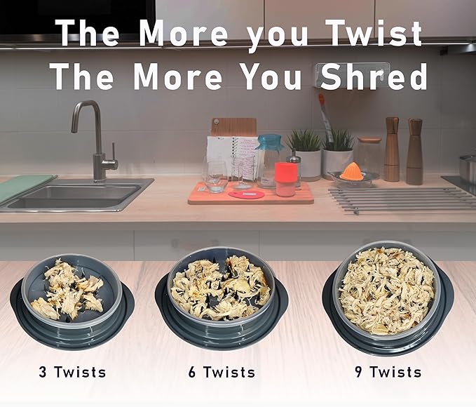Chicken breast shredder tool twist, manual meat shredder for pork, beef, and even salads, ergonomic handles and built in non-slip solution, removable middle tray improves usability