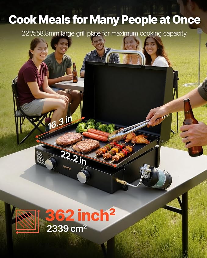 VEVOR Gas Griddle, 2 Burner Tabletop Griddle, 22 inch Portable Griddles Propane with Lid, Oil Drain Hole & Oil Collection Tray, 22000BTU Camping Flat Top Grill for Outdoor Cooking, Tailgating
