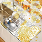 Findosom 2PCS 12" x 20" Fall Dish Drying Mat & 24" x 5.5" Sink Splash Guard, Super Absorbent & Cuttable Dish Mat Drying Kitchen Mat with Yellow Floral, Hide Stain Drying Mat for Kitchen Counter