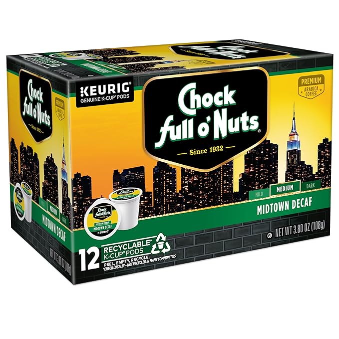 Chock Full o' Nuts Midtown Decaf Keurig K-Cup Pods for Keurig Brewers – Premium Arabica, Medium Roast – Single Serve – 6 Packs of 12 K-Cup Pods