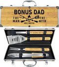 Christmas Bonus Dad Gifts from Bonus Daughter Heavy Duty Wooden BBQ Grilling Accessories Kit for Backyard, Thick Stainless Steel Grill Utensils with Non-Slip Handle Tools in Portable Bag
