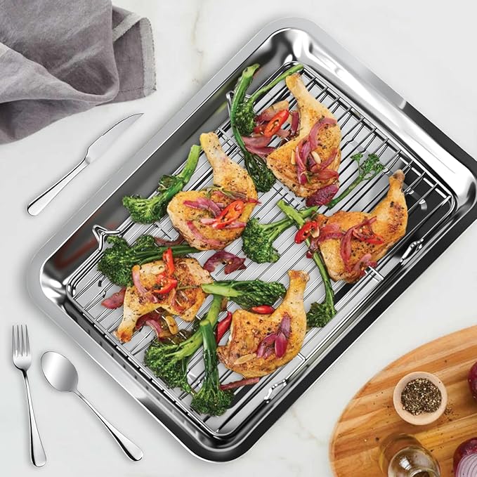 4 PCS Stainless Steel Baking Sheet Set,(2 Sheets + 2 Racks)15.7 X 11.8 Inch Baking Pan with Stainless Steel Fork,Spoon and Knife,Rust Baking Tray Pan for Kitchen Oven,Easy Clean&Durable