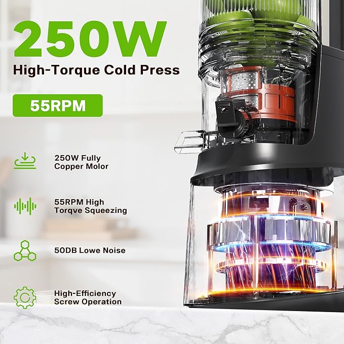 Cold Press Juicer, Juicer Machines with 5.3" Wide Feed Chute, Slow Masticating Juicer for Whole Fruits and with VegetablesHigh Yield (Gray)
