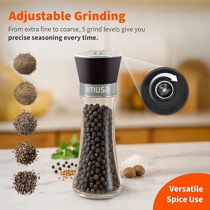 IMUSA Salt Shaker and Pepper Grinder Set – 2 Pack Glass Salt Shaker and Pepper Mill Set, Manual Adjustable Ceramic Core Pepper Grinder, 6 oz Capacity, Refillable Salt and Pepper Set for Kitchen