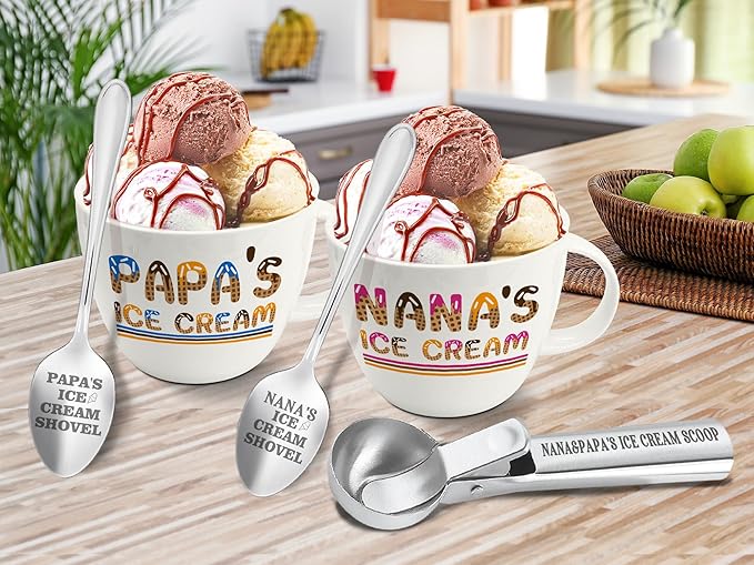 Nana Papa Gifts from Grandkids Ice Cream Bowls and Spoon Scoop Set, Nana and Papa Gifts for Grandparents Day from Granddaughter Grandson Ice Cream Bowl Accessories, Anniversary for Couples