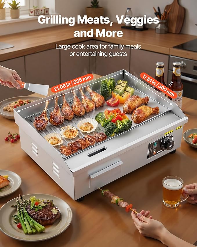 VEVOR Commercial Electric Griddle, 21.06 x 11.81 inch, 1750W, 122-570°F Adjustable Temp Control, Stainless Steel Body, Half Grooved Half Flat, with 2 Spatulas, 2 Brushes, and 4 Foot Pads, for Steak