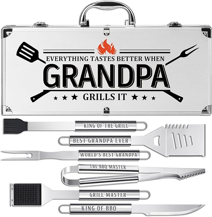 Grandpa Gifts, Grandpa Birtdhay Gifts from Grandkids Heavy Duty Grilling Accessories Kit for Backyard BBQ, Thick Stainless Steel Grill Utensils with Non-Slip Handle Tool on Christmas Grandparents Day