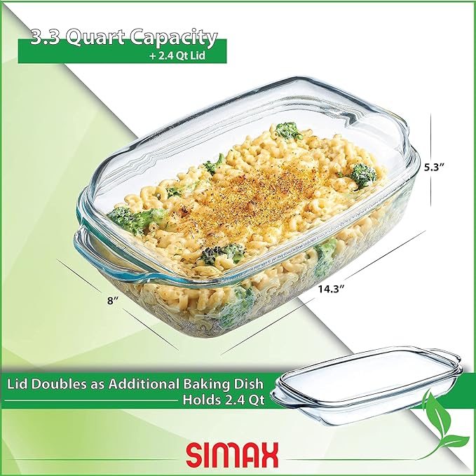 Simax Glass Casserole Baking Dish: Clear Glass Round Casserole Dish with Lid and Handles,Covered Bowl for Cooking, Baking, Serving, Dishwasher, and Oven Safe Cookware – 3 Quart Dish + 2.2 Quart Lid