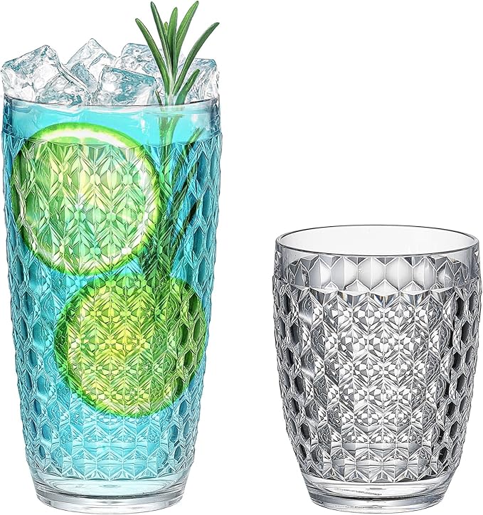 KLIFA- ASPEN- 12.7 & 17.6 oz, Set of 8, Acrylic Vintage Tumbler & Highball Drinking Glasses Set, Shatter-proof Tumblers, BPA-Free, Stackable Plastic Drinkware, Dishwasher Safe Cups, Clear
