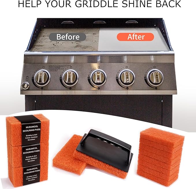 Griddle Cleaning Pads for Blackstone Flat Top, Non-Scratch Grill Scrub Pads, Bathroom Scrubbing Pads, Pool Scrub Brush, Shower Tile (22 Pads + Handle)