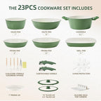 BECIGAR 23pcs Ceramic Pots and Pans Set, Nonstick Detachable Handle Cookware, Induction Kitchen Cooking Set with Removable Handle,include Frying Pans & Saucepans Oven Safe(Green)