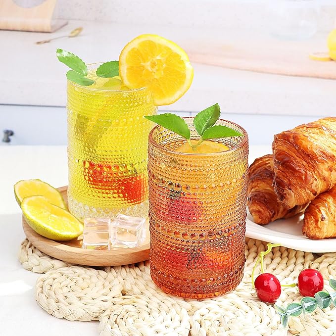 Hobnail-Drinking Glasses 13oz Vintage Glassware Sets Cocktail Juice Glasses Set of 6, Amber