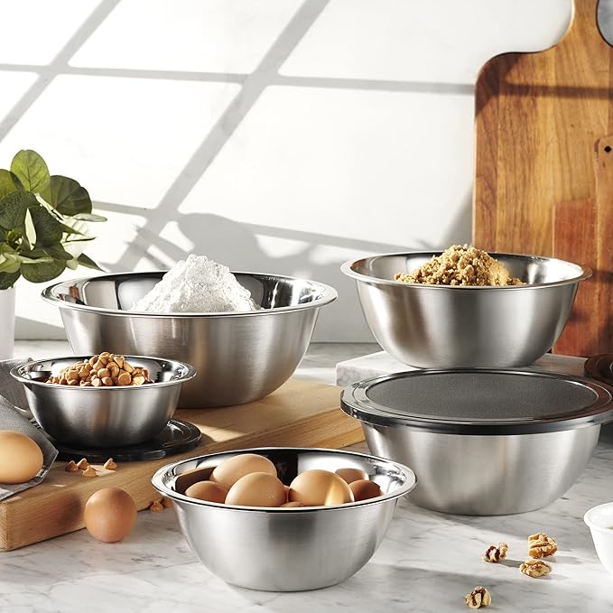 WHYSKO Stainless Steel Mixing Bowl Set, 10 Piece Stainless Steel Mixing Bowls with Lids Set for Food Prep Storage and Serving, Dishwasher Safe for Kitchen Baking Cooking, Silver