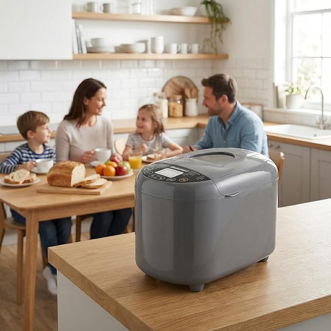 Elite Gourmet Programmable Bread Maker with PFAS-Free CERALAST™ Ceramic Pan, 2 lb Loaf, 19 Presets incl. Gluten-Free, 3 Sizes, Delay Timer, Steel Gray