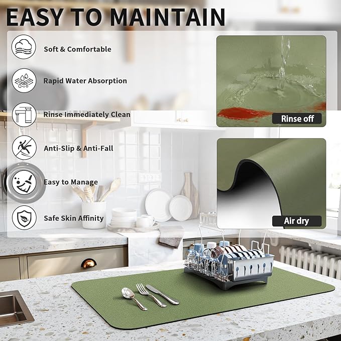 HotLive Dish Drying Mat for Kitchen Counter, Heat Resistant Drainer Mats with Non-slip Rubber Backed, Hide Stain Kitchen Super Absorbent Draining Mat, Easy to Clean Dish Rack Pad, Green 18"x32"