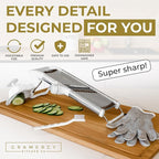 Gramercy Adjustable Mandoline Food Slicer, Mandoline Slicer for Kitchen, Mandolin, Potato, Tomato, Carrot, Vegetable, Fruit and Onion Cutter - Stainless Steel - INCLUDING 1 Pair Cut-Resistant Gloves