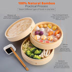 KITCHENCRUST Bamboo Steamer Basket for Chinese Asian Cuisine - 2 Tier 10-Inch Steaming Basket Bun Vegetable Bao Buns, Sauce Dish, Chopsticks, Reusable Liners