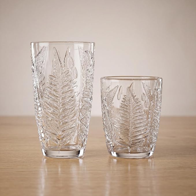 Vintage Drinking Glasses Set of 4, 16 oz Hand-Pressed Clear Glass Tumblers, Fern Embossed Retro Glassware, Textured Cups for Water, Cocktails & Beer, Decorative Kitchen Drinkware, Unique Boho Gift Set