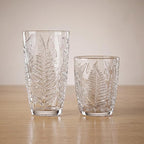 Vintage Drinking Glasses Set of 4, 16 oz Hand-Pressed Clear Glass Tumblers, Fern Embossed Retro Glassware, Textured Cups for Water, Cocktails & Beer, Decorative Kitchen Drinkware, Unique Boho Gift Set