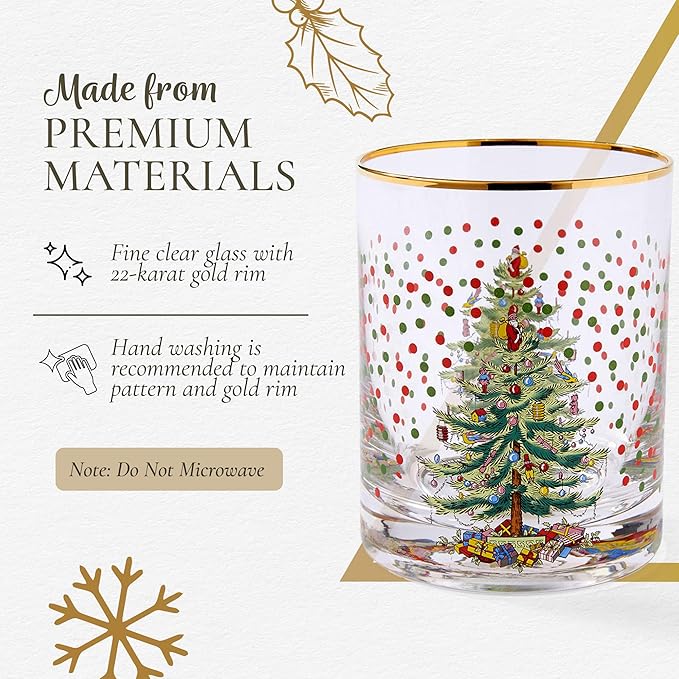Spode Christmas Tree 14 Fl. Oz. Double Old Fashion Glass (Set of 4), Polka Dot - Whiskey & Bourbon Glasses for Festive Entertaining, Old-Fashioned & Rocks Glasses for Holiday Drinks (Pack of 2)