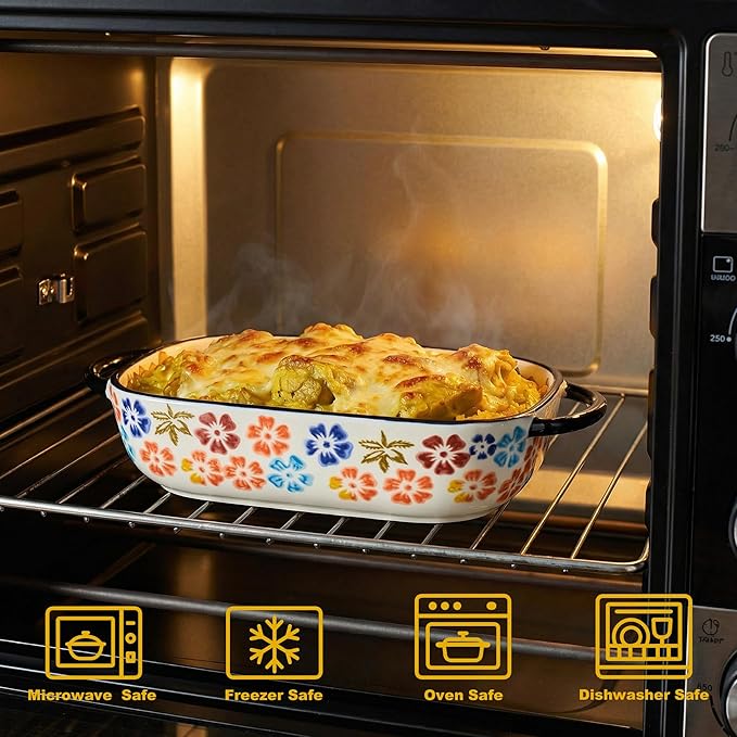 Ceramic Casserole Dishes for Oven, Hand-painted Polish Pottery Baking Dish Set of 2, 0.8QT / 2QT Porcelain Casserole Dish with Handles, Baking Pan Lasagna Pan, Gift for Family/Friend (Yellow)