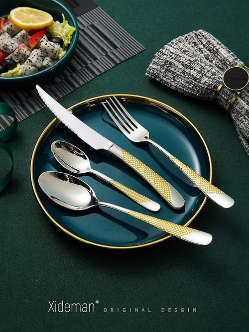 16 Piece Hammered Silver Gold Silverware Set, Modern Golden 18/10 Stainless Steel Flatware Set, Kitchen Utensil Set Service for 4, Tableware Cutlery Set, Knives Forks Spoons Set
