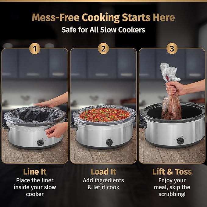 30 Pack Slow Cooker Liners – Large 13” x 21” BPA-Free Crock Pot Bags – Fits 3–10 Quart Round & Oval Cookers – Disposable Crock Pot Liners for Effortless Home Cooking & Fast Clean Up, Bonus Recipe Book